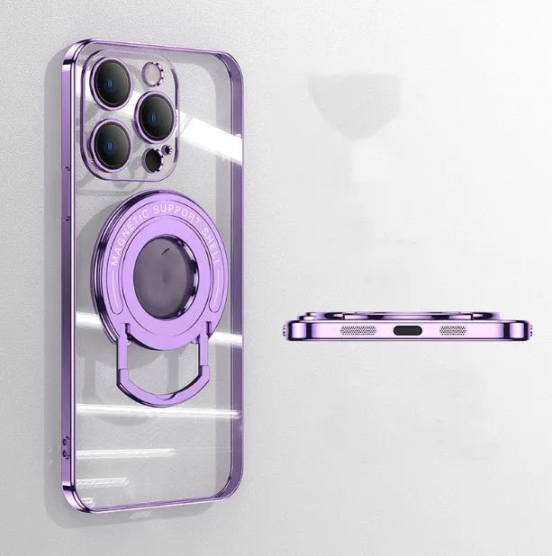 Transparent magnetic iPhone case with invisible pull-out stand, shown in dark purple colour.
