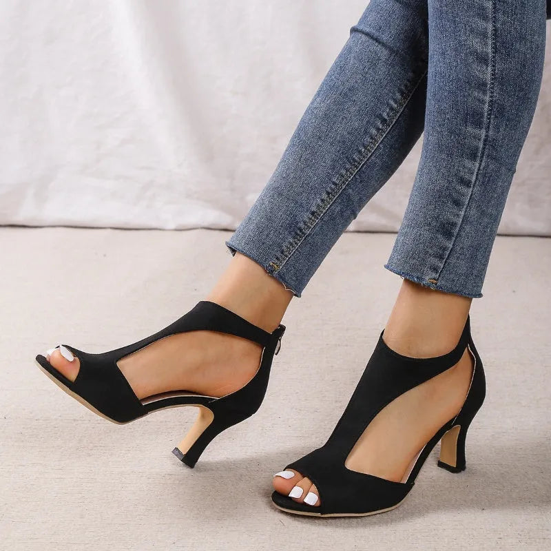 Women's high heel fish beak sandals with back zipper, cloth upper, available in multiple colours