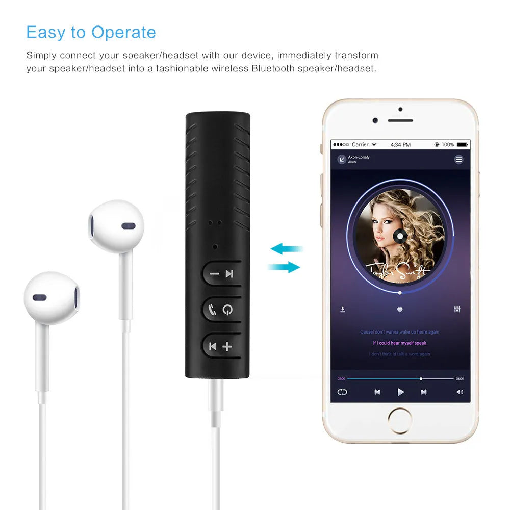 Black Bluetooth car audio adapter with 3.5mm connection for wireless music streaming