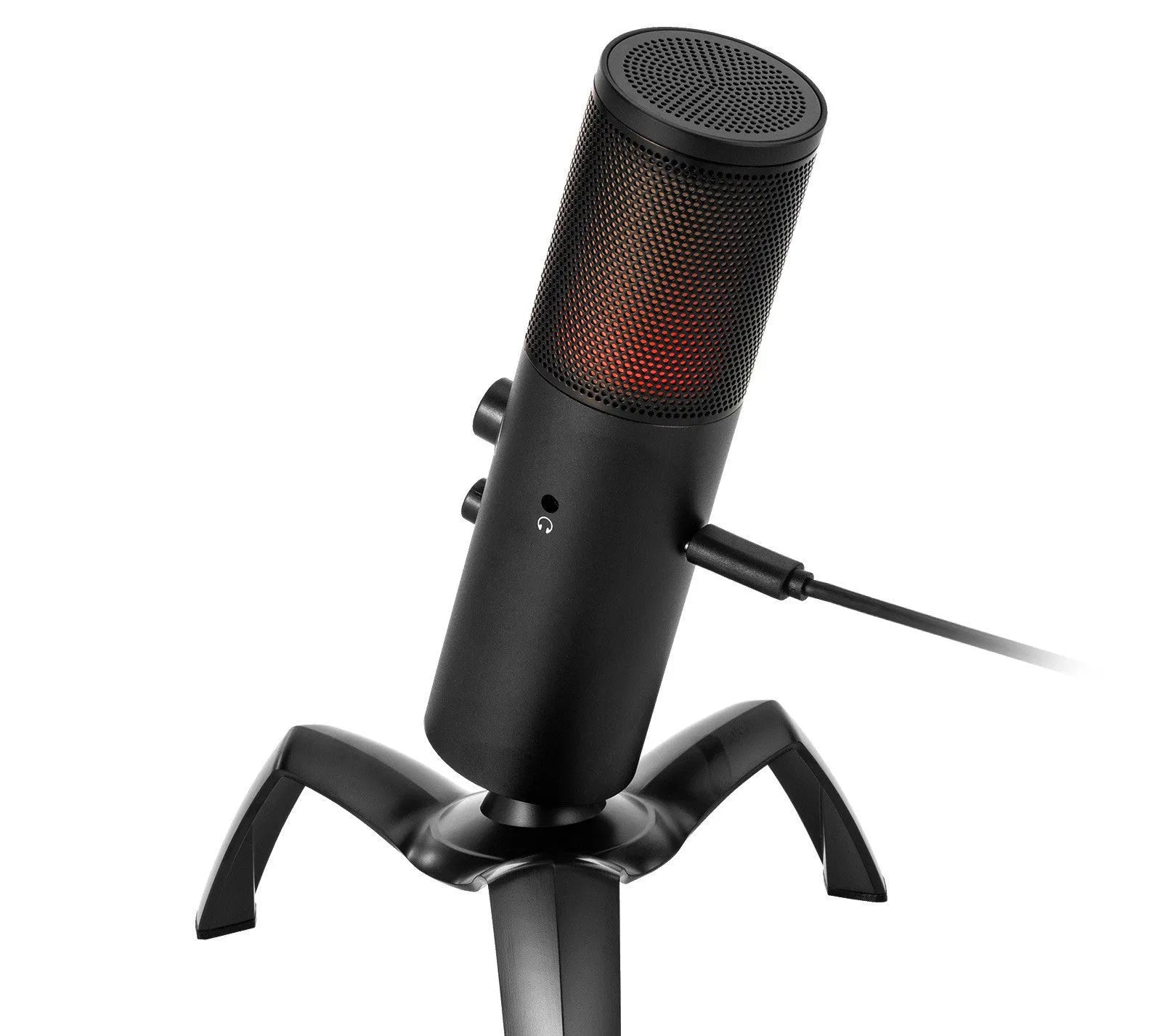 Black Q18 USB condenser microphone with RGB lights on a adjustable metal tripod stand.