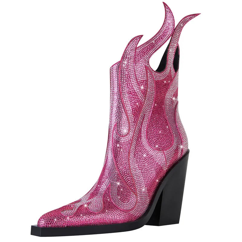 Women's black chunky heel Martin boots with square toe and rhinestone flame decoration on the side.
