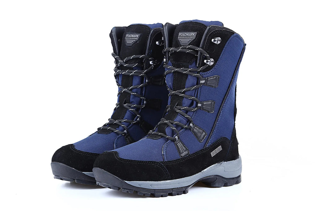 Women's black thermal snow boots with genuine leather uppers and a non-slip rubber sole.