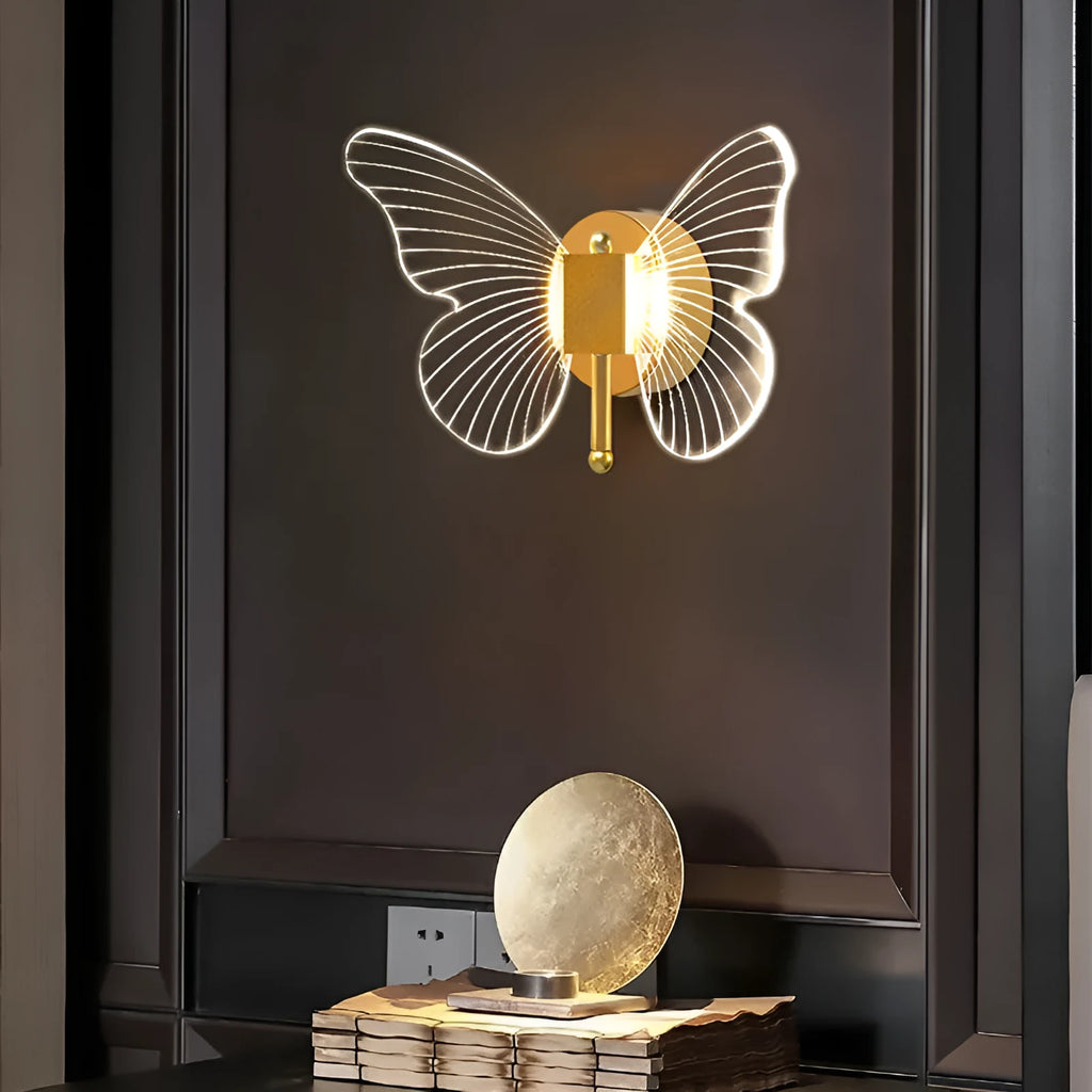 Gold butterfly acrylic wall lamp with three-colour dimming for warm bedside decoration
