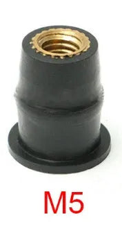 Black brass and rubber expansion well nuts for motorcycle windshield mounting in M4, M5, and M6 sizes.
