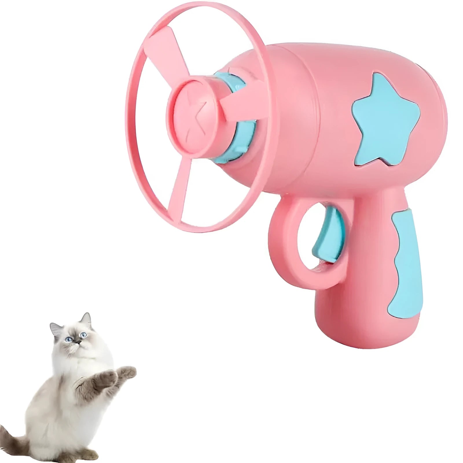 Blue interactive cat toy gun with a plastic frisbee, for indoor cat play.