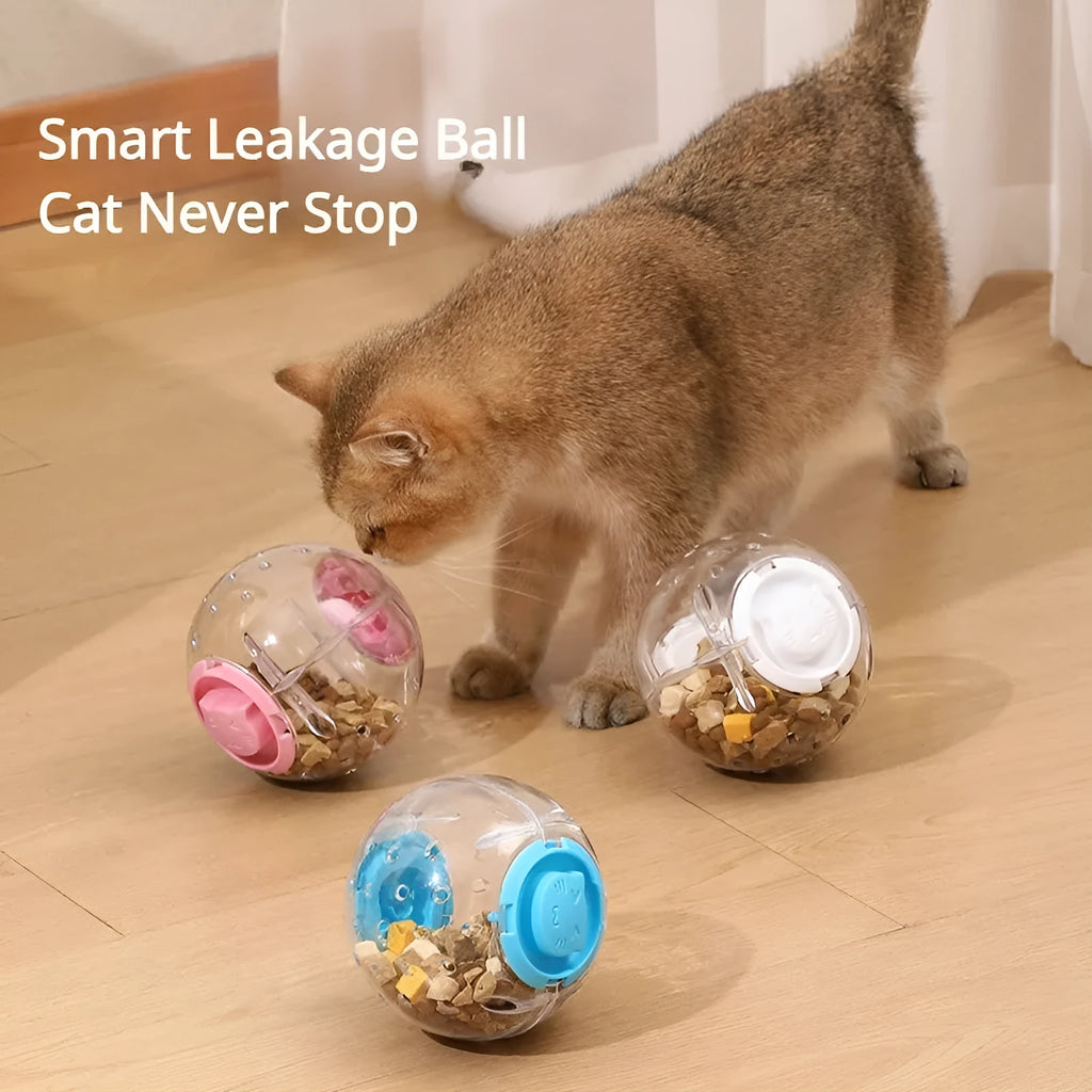 Blue slow feeding ball for cats with leak holes for gradual food dispensing
