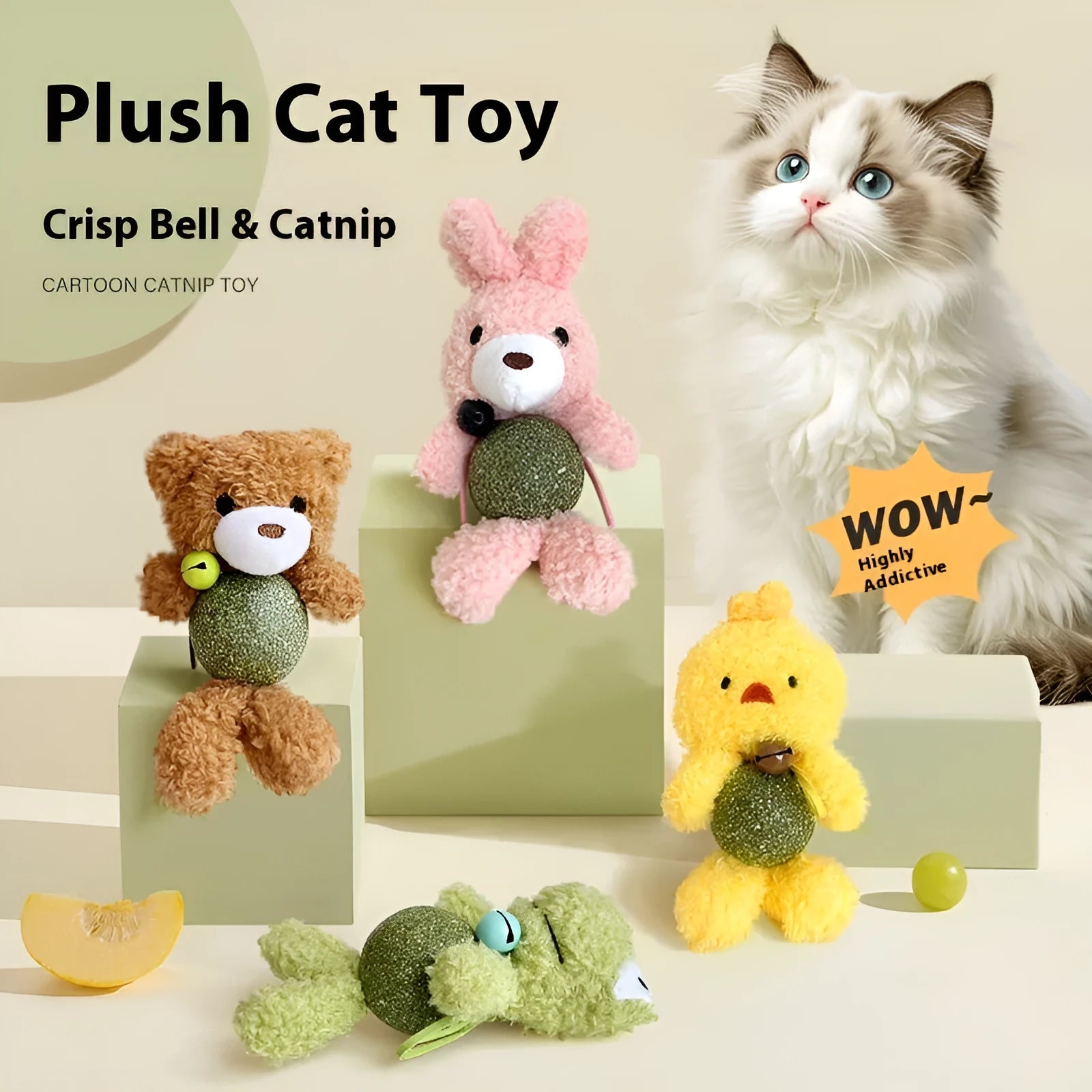 Plush catnip toy in brown bear shape with a bell, showing mint ball inside. Size 15cm tall.