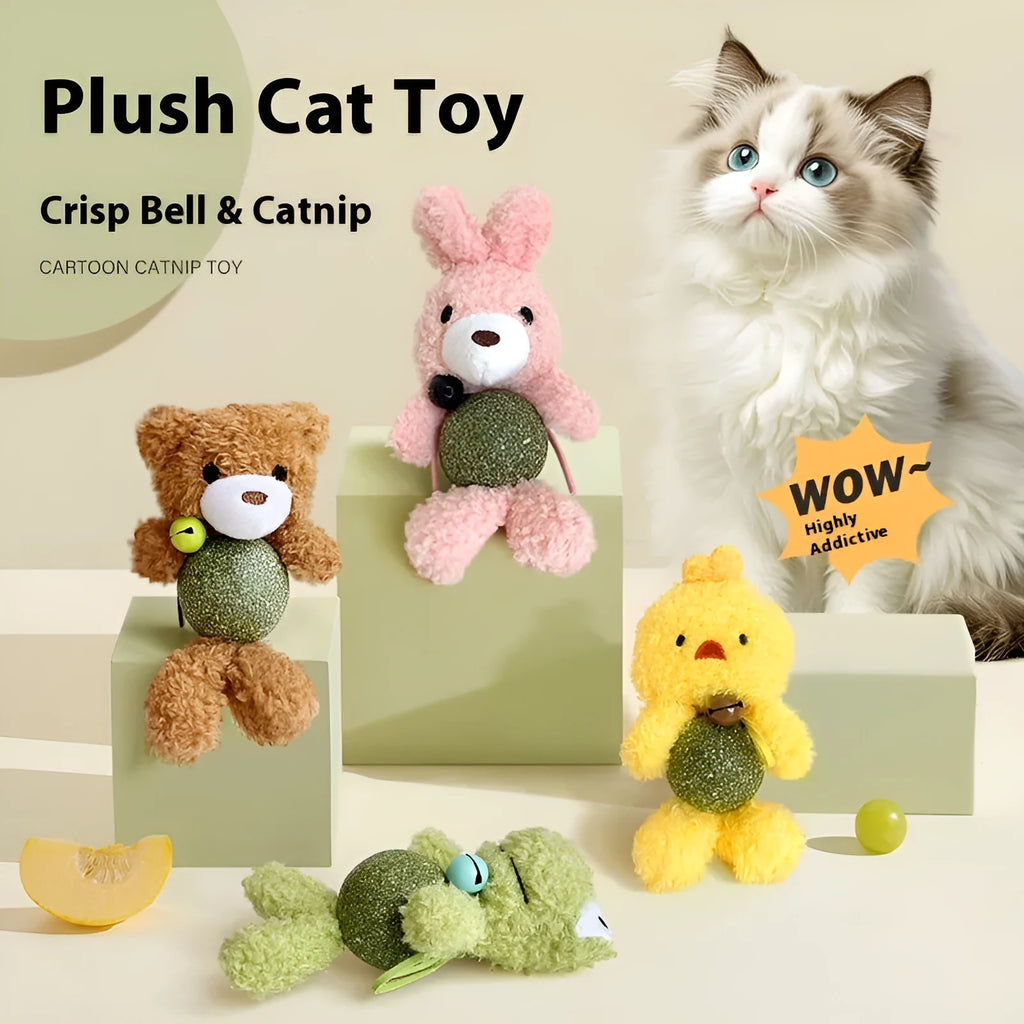 Brown bear plush cat toy with mint ball and bell for chewing and play