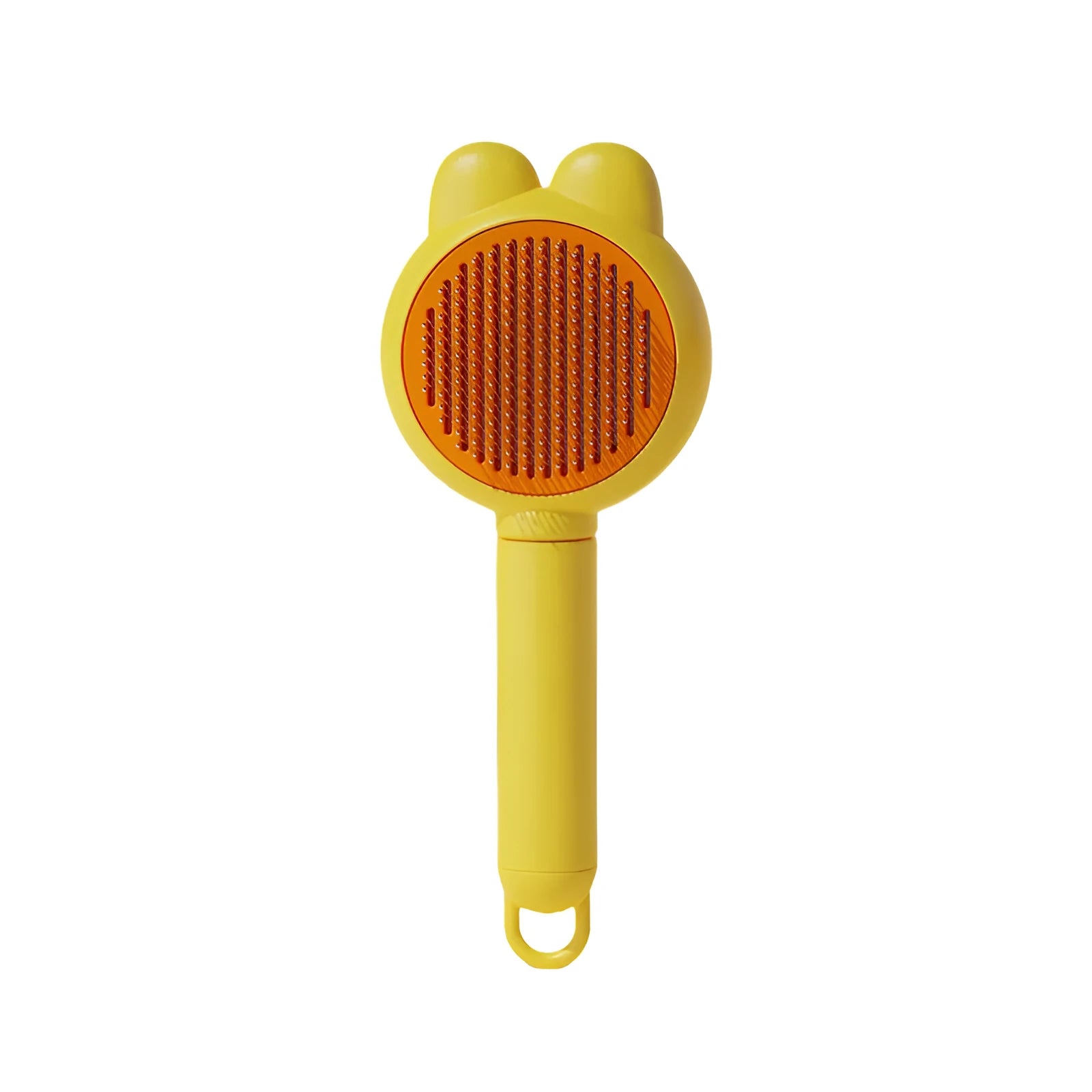 Self-cleaning pet hair brush with release button and rubber-tipped metal pins for cats and dogs.