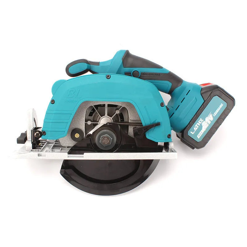 Lithium battery 7-inch electric circular saw with two batteries and charger on wooden workbench