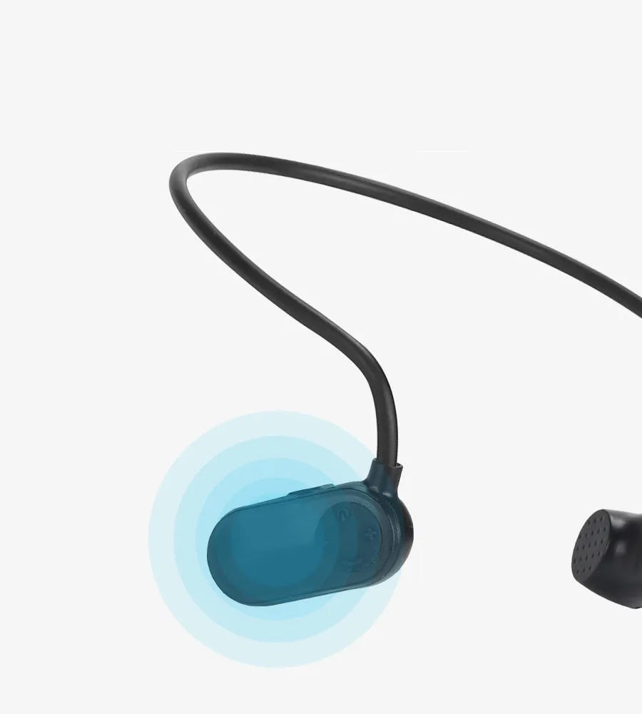 Waterproof MP3 sports swimming earphones with push-button controls on a 20cm unit.