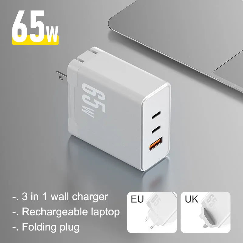 65W gallium nitride GaN multi-port charger in black with two USB-C and one USB-A output ports