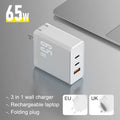 65W gallium nitride GaN multi-port charger in black with two USB-C and one USB-A output ports