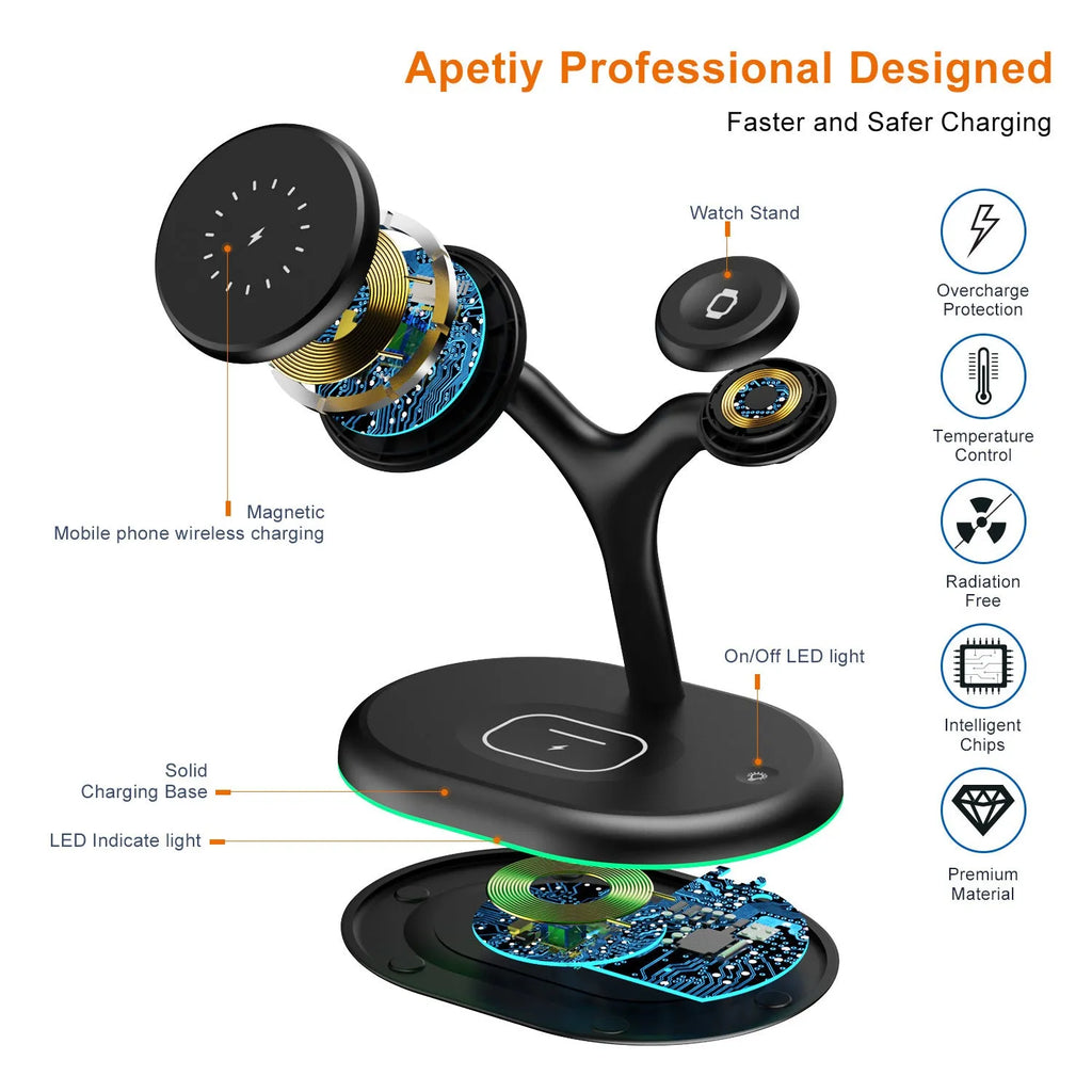 Black three-in-one magnetic wireless charging station for iPhone, Apple Watch, and AirPods on a wooden surface.