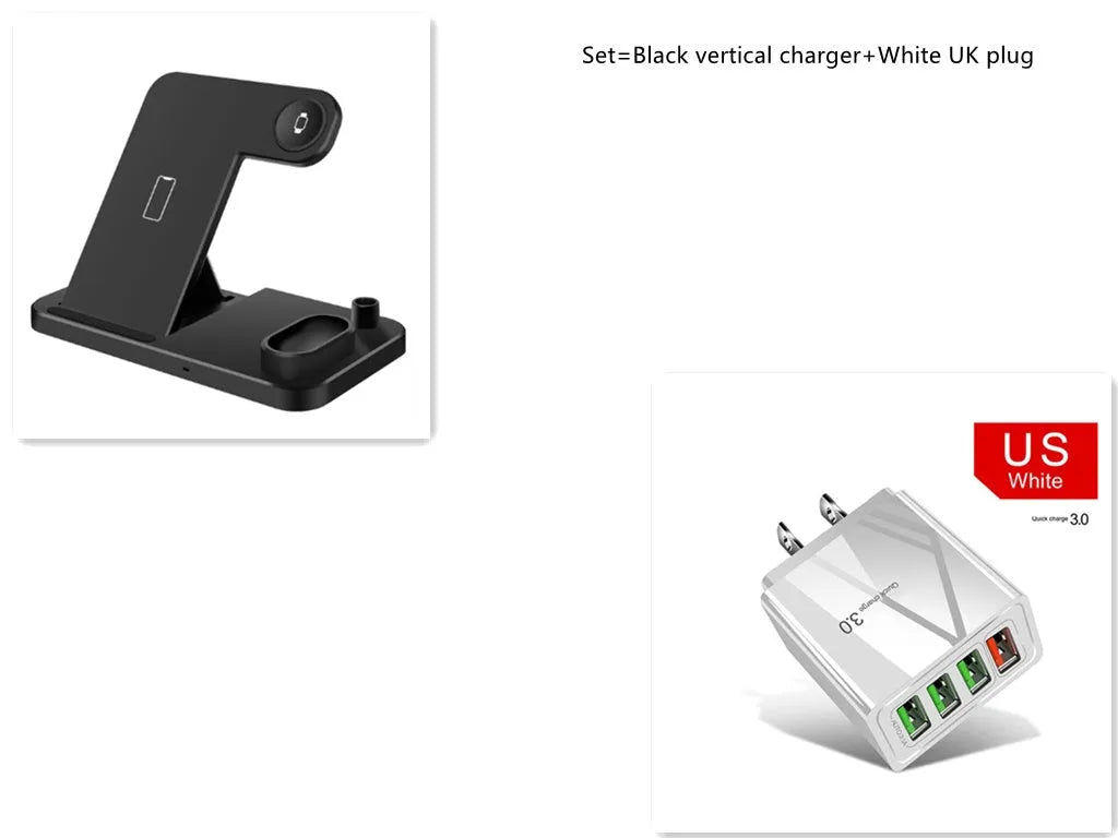 Black 4-in-1 wireless charging dock showing phone on adjustable stand, Apple Watch, AirPods, and Apple Pencil charging simultaneously.