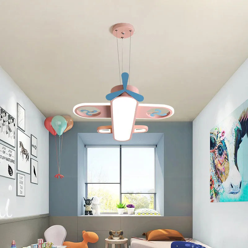 Children's room plane light LED cartoon chandelier in blue with three-colour dimming, 55cm diameter, iron and aluminum alloy