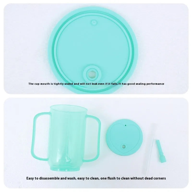 A white PP plastic choke-proof drinking cup with an angled spout, handle, and lid, shown on a bedside table.