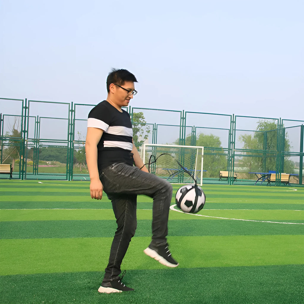 Black football juggling belt made from diving suit fabric, 2 metres long, for solo training drills.