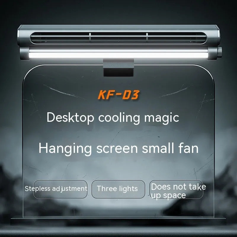 Black USB-powered bladeless fan clipped to a computer screen, showing integrated lighting lamp.