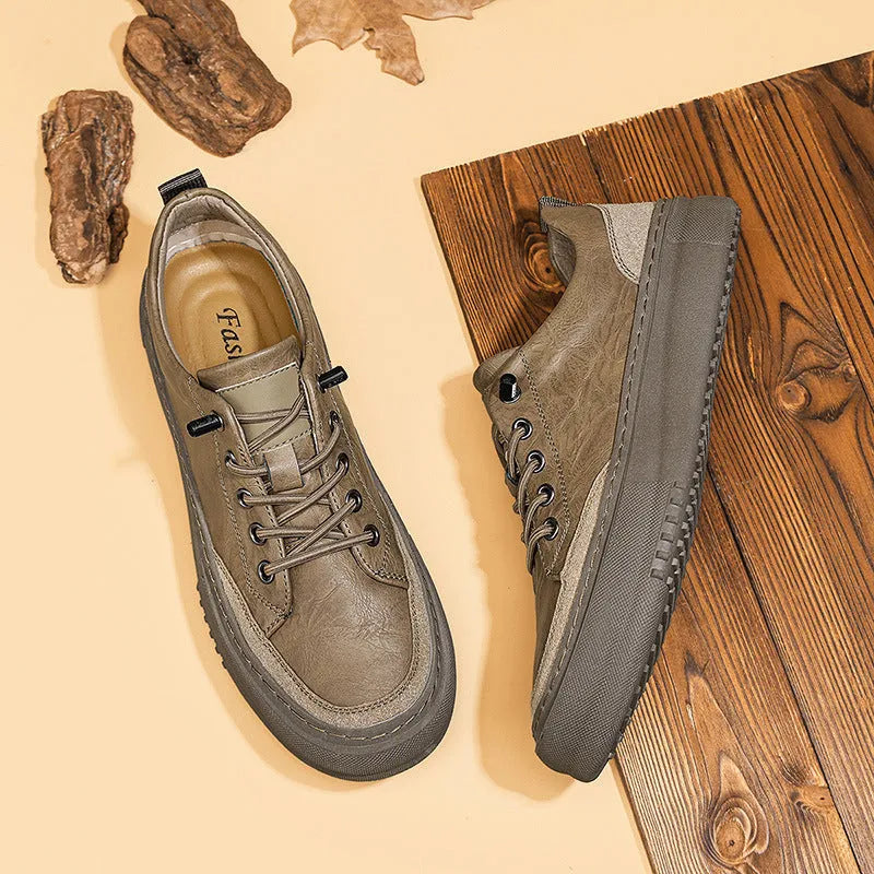 British round toe men's microfiber leather lace-up shoes in black, showing sewing line detail and rubber sole.