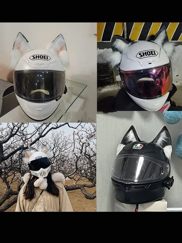 Set of black and white stereoscopic wolf ears and matching tail for motorcycle helmet customisation