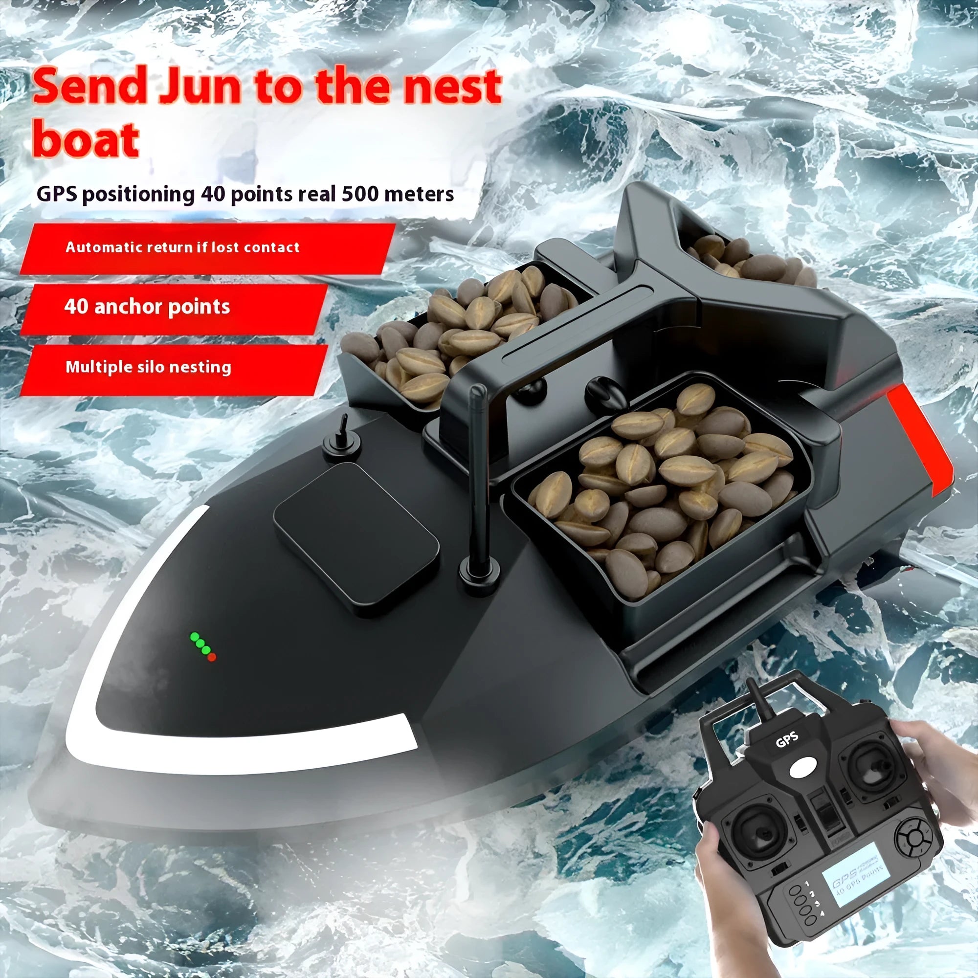 V020 black and luminous yellow remote control GPS fishing boat with handbag and transmitter on grass