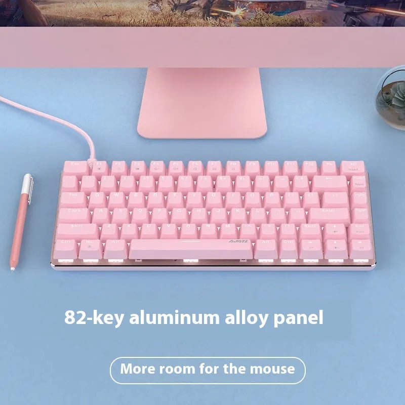 Pink 82-key mechanical keyboard with white backlighting and metal construction for laptop use