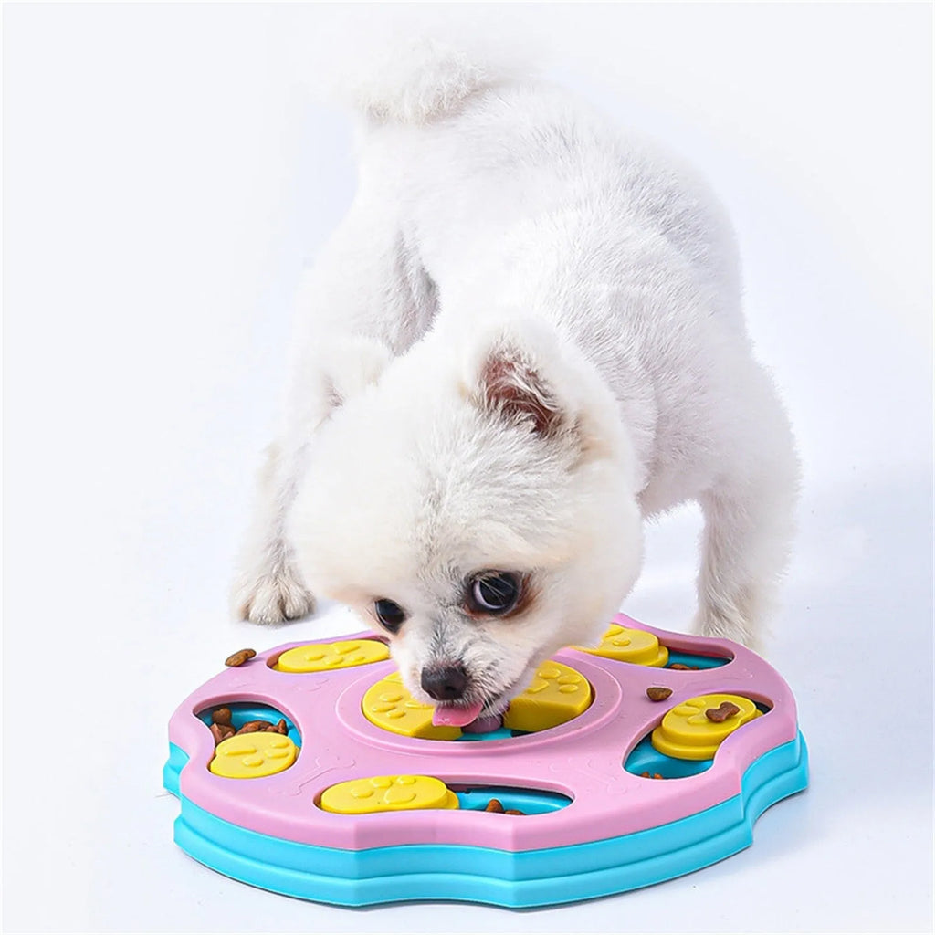 Interactive dog food puzzle feeder with search games for aggressive chewers in blue or pink