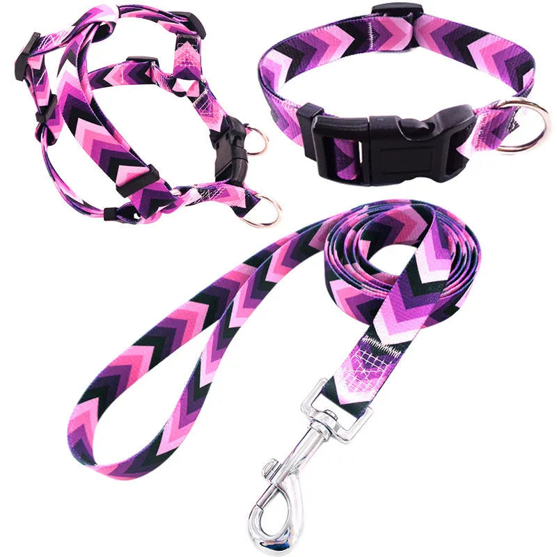 Printed polyester dog walking set with collar, adjustable chest strap and rope leash in multiple colour patterns