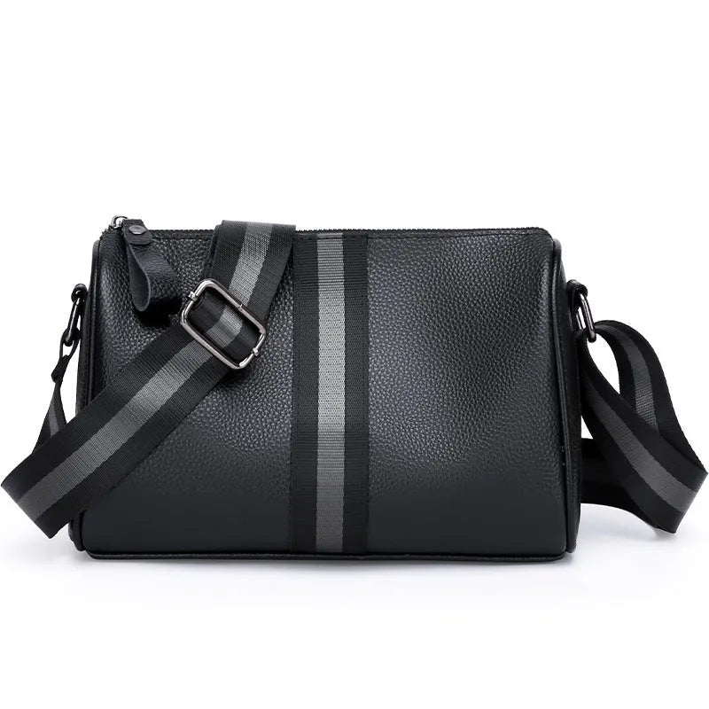 Black genuine leather one-shoulder crossbody bag showing dimensions and interior polyester lining