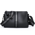 Black genuine leather one-shoulder crossbody bag showing dimensions and interior polyester lining