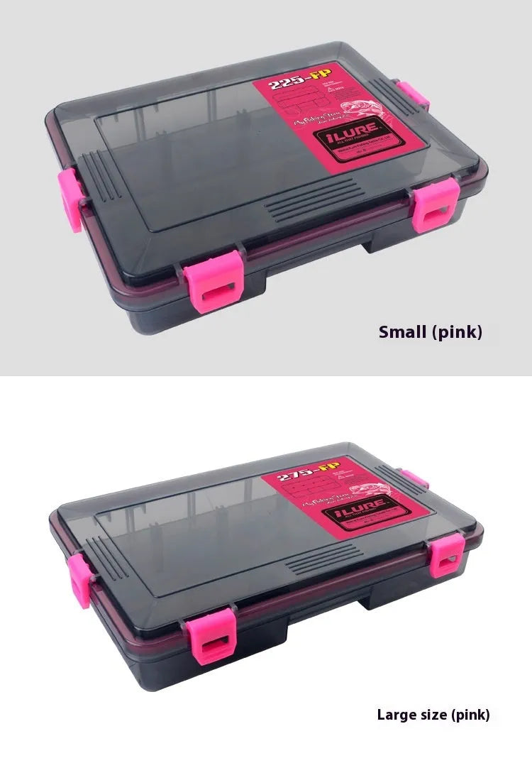 Waterproof plastic fishing lure storage box in blue, shown with internal compartments.