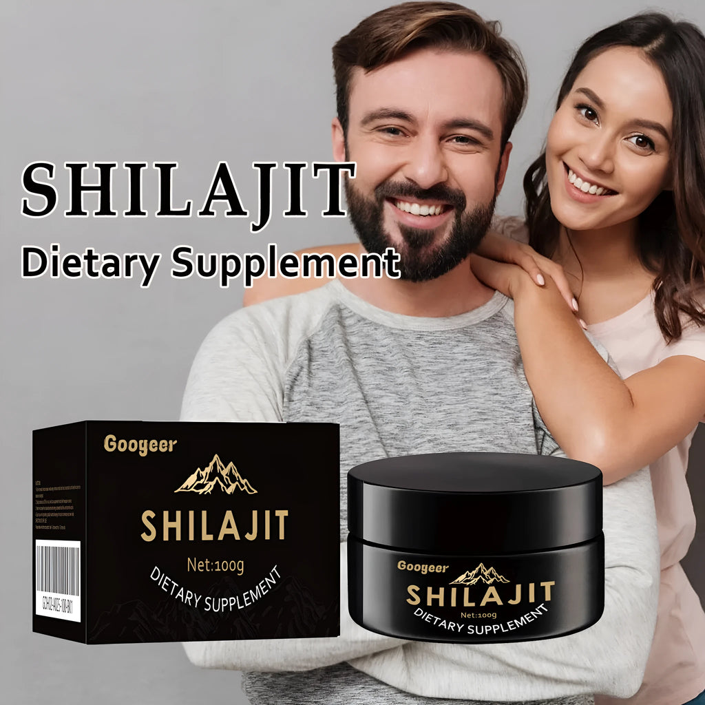 Googeer Shilajit dietary supplement body care solution kit showing 100g net content.