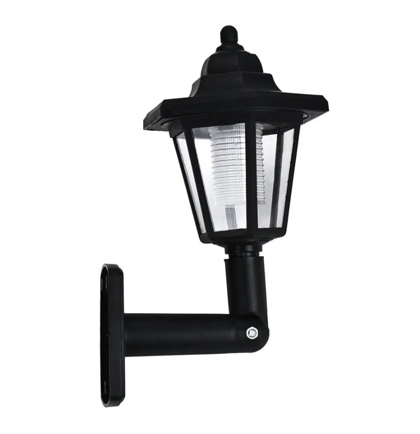 Black hexagonal solar wall lamp with automatic light sensor for outdoor installation