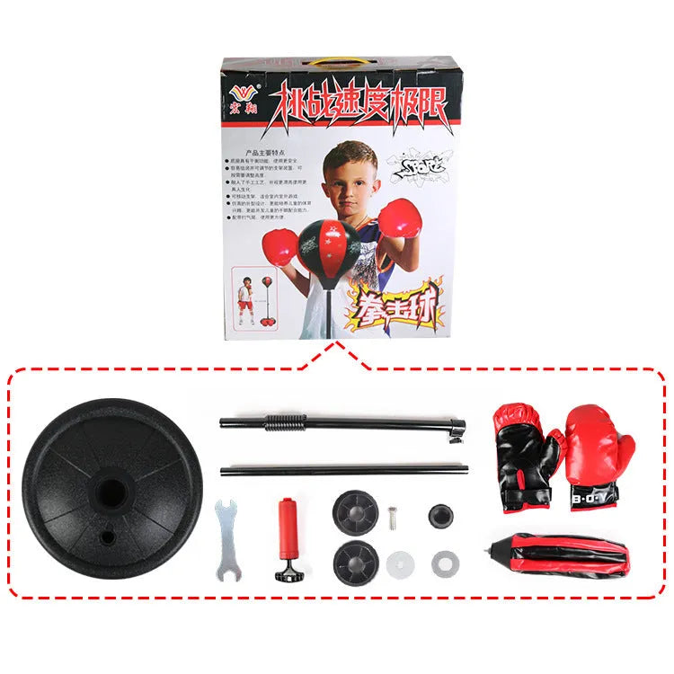 Speed boxing ball toy with inflatable vent ball, height adjustable stand, and PU base filled with water or sand