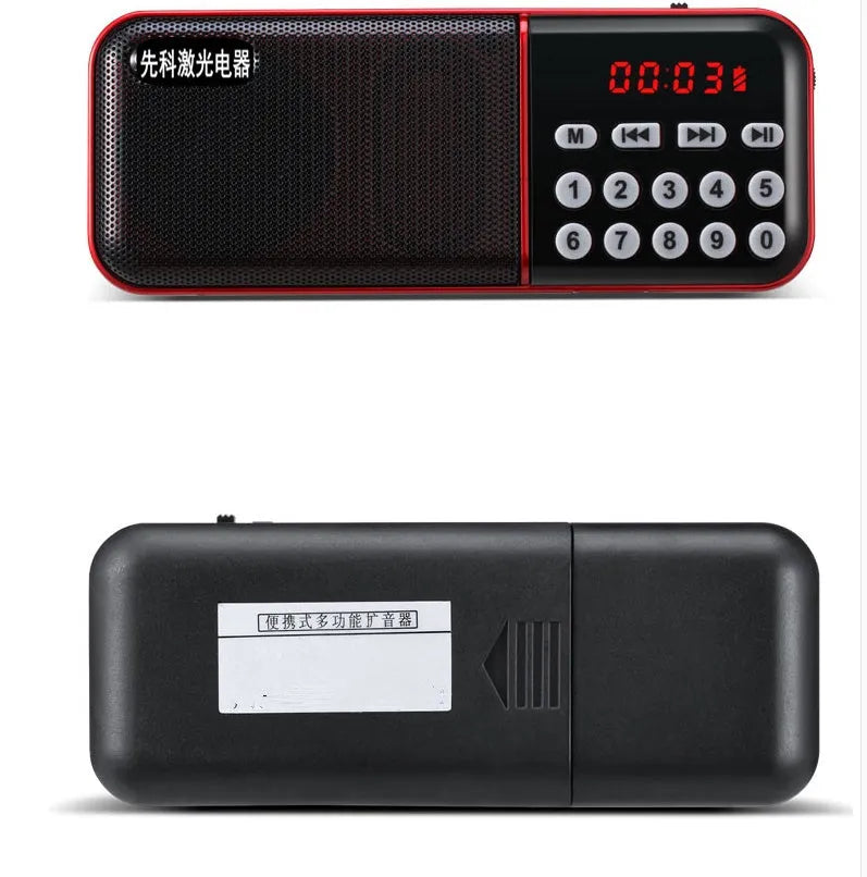 Black Walkman radio with AM FM dials and earphone jacks, plastic body, compact size 120x32x47mm