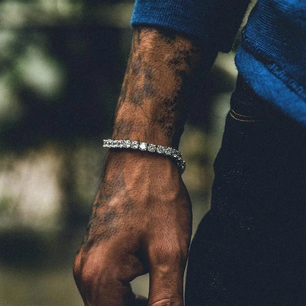 Men's hip hop bracelet with single row rhinestones and tennis charm in alloy construction