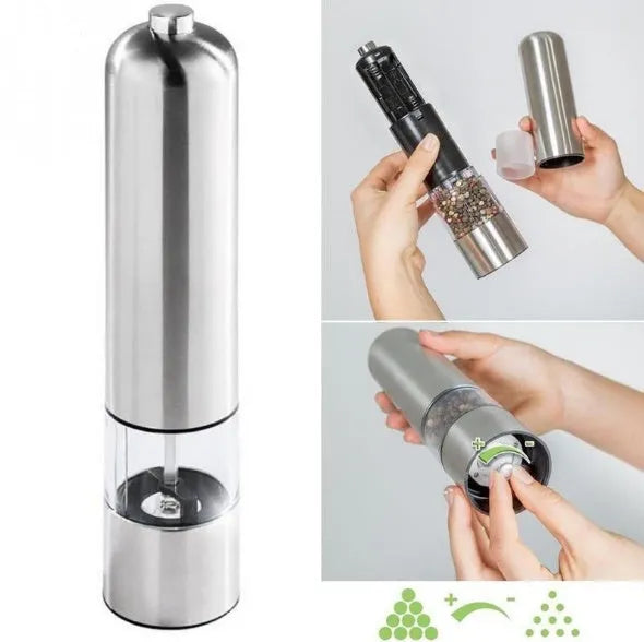 Stainless steel electric pepper grinder with manual option in natural colour.
