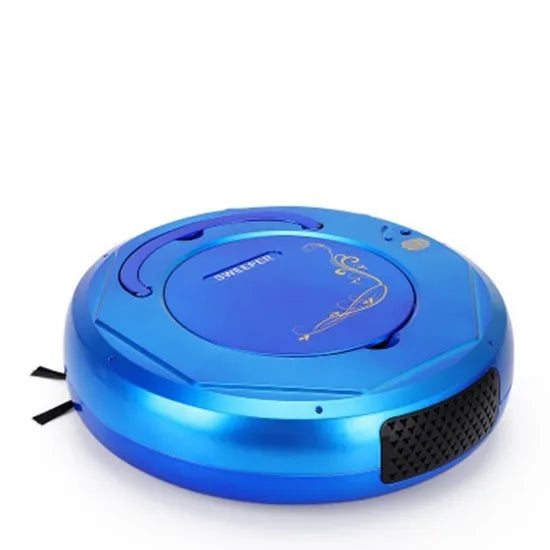 Lazy Smart floor sweeping robot vacuum cleaner in blue, black, or white on a hard floor.