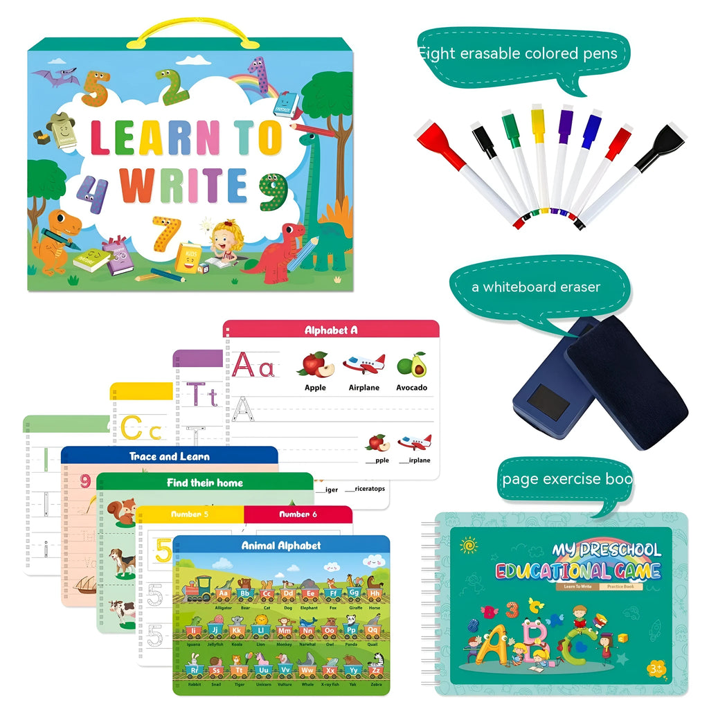 Montessori handwriting practice book set with erasable coloured pens and reward stickers in gift box