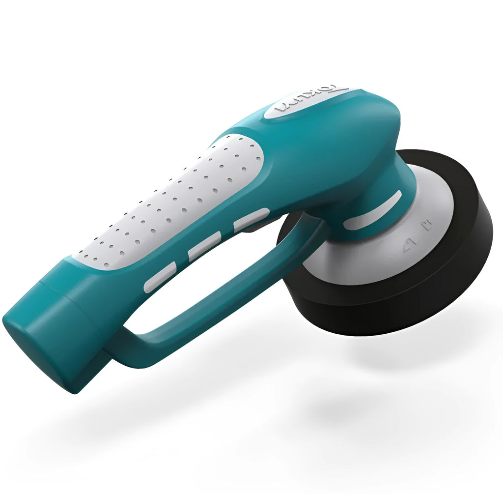 Blue 3.6V rechargeable car polishing machine with mechanical buffer pad on a garage workbench