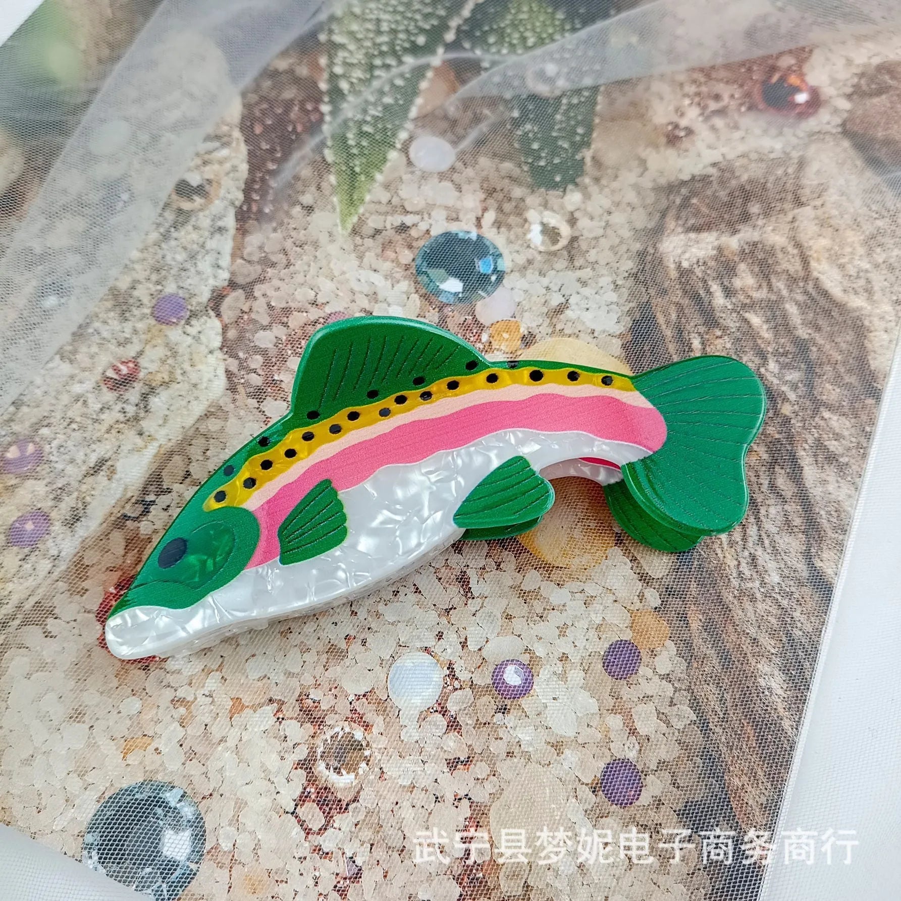 Dark green hair clip with detailed rainbow trout print on PVC material for marine enthusiasts