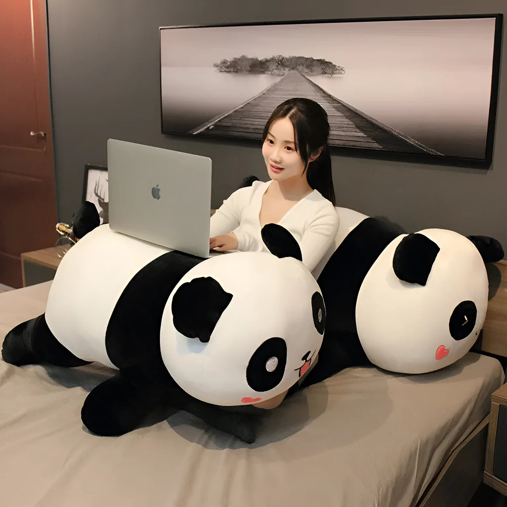 Lying Panda Pillow Large Sleeping Pillow 85cm Stretch Soft Velvet Fabric Down Cotton Fill Triangle-Eye Smile or Round-Eye Laugh Novelty Cushion for Bed Sofa Nap Rest Support