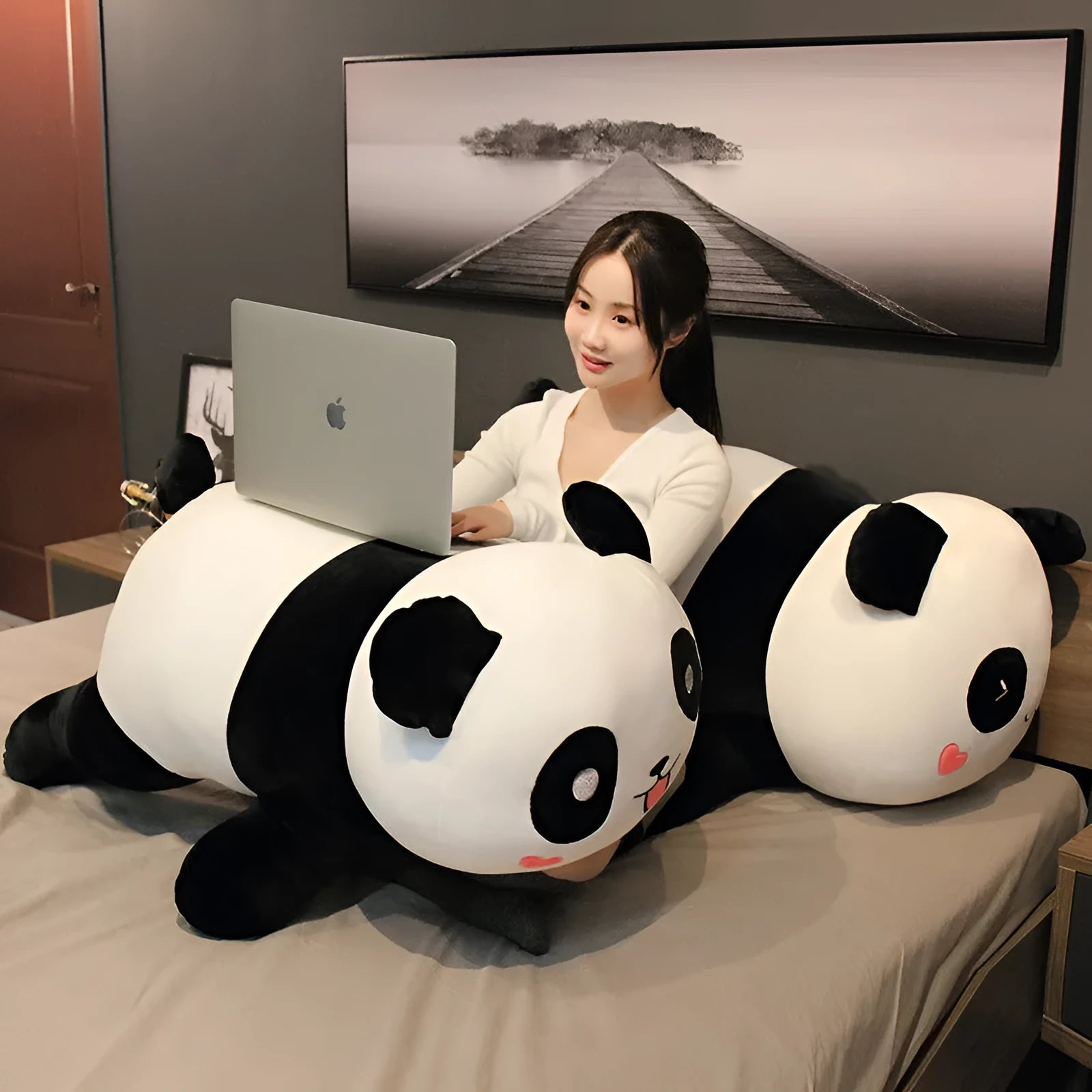 Lying Panda Pillow Large Sleeping Pillow 85cm Stretch Soft Velvet Fabric Down Cotton Fill Triangle-Eye Smile or Round-Eye Laugh Novelty Cushion for Bed Sofa Nap Rest Support