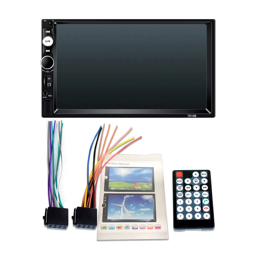 7-inch HD Bluetooth car multimedia player on a dashboard showing connectivity options.