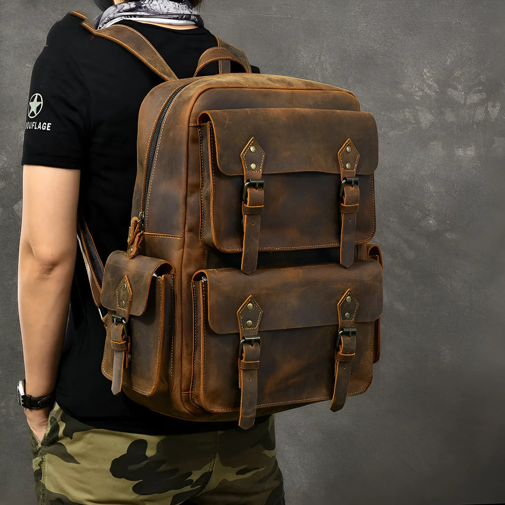 Crazy Horse leather backpack coffee colour vintage cowhide rucksack with adjustable strap