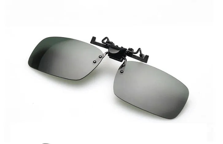 Clip-on sunglasses with polarised PC lenses attached to prescription glasses for driving