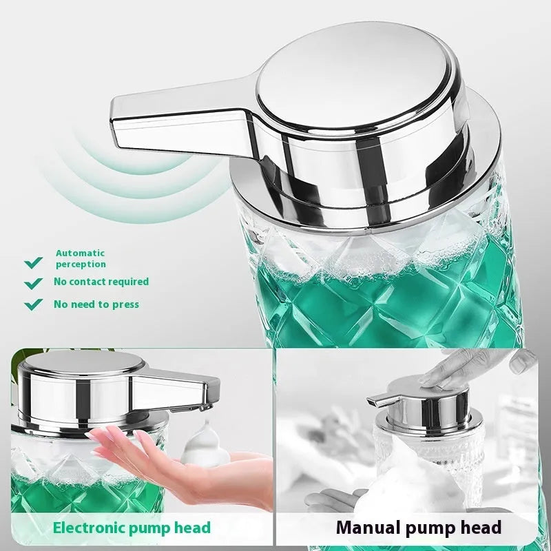 Silver automatic soap dispenser with sensor and USB Type-C charging port on a bathroom countertop