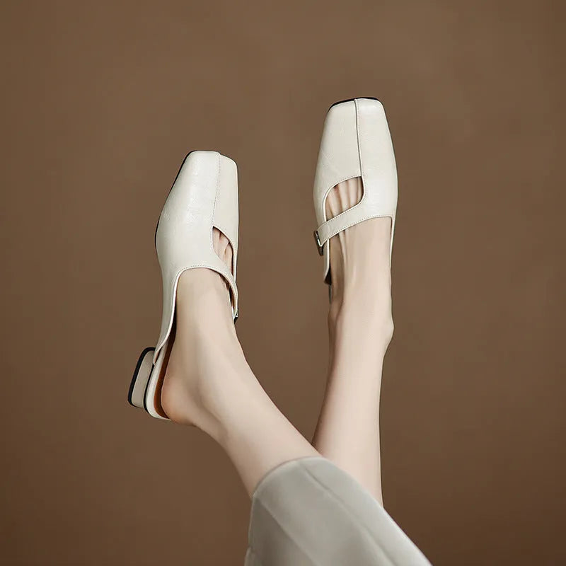 Square toe low heel outdoor slippers in black, beige, or silver colours.