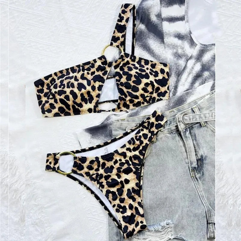 Women's leopard print bikini with hollow design and polka dot pattern, nylon fabric two-piece swimwear set